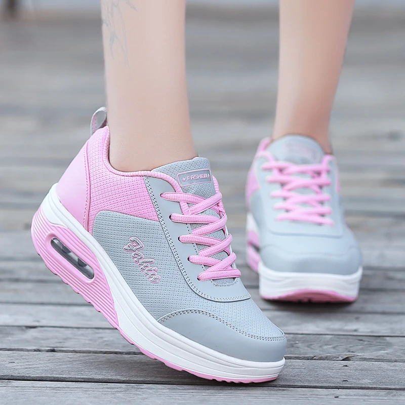 Height Increasing Leather Sneakers for Women Air Cushion Sport Shoes Outdoor Gym Shoes Rocking Shoes Trainers Platforms Autumn