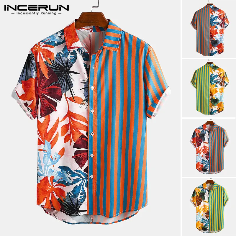 

2021 Fashion Men Ethnic Printed Shirts Short Sleeve Lapel Patchwork Shirt Casual Loose Soft Camisa Summer Hawaiian Holiday Blusa