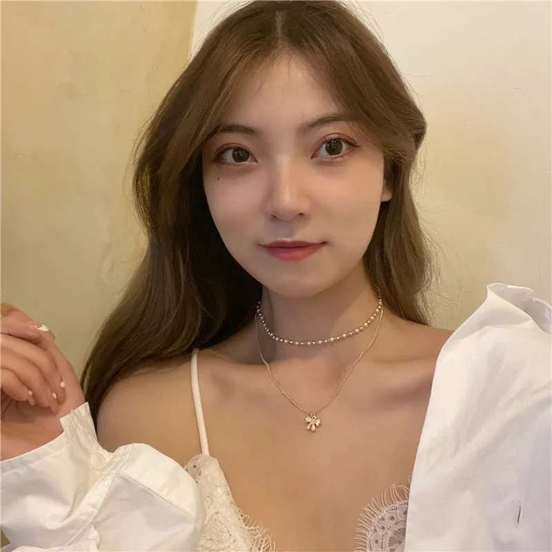 

Double bowknot necklace clavicle chain new net red accessories choker necklace
