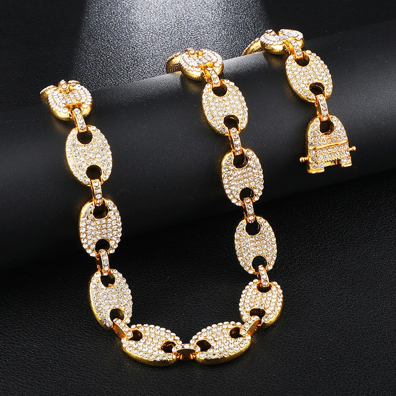 CZ Gold Coffee Iced Out Alloy Bean Pig Nose Rhinestone Necklace Charm Link Chain Bling Necklaces for Men HIP HOP Jewelry | Украшения и