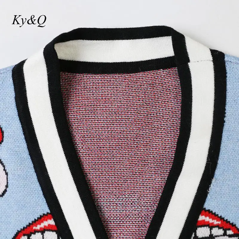 Brand Design 2019 Winter V-neck Long-sleeved Knitted Women Blue Cardigans Striped Lips Diamonds Embroidery Sweater Clothes Tide |