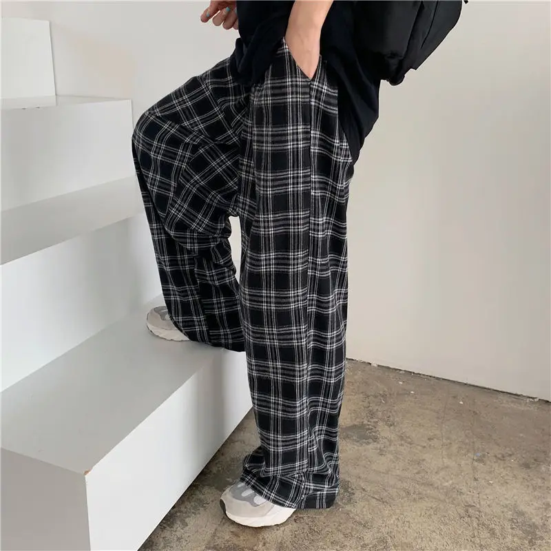 

Plaid Pants Women Casual Loose Wide Leg Trousers Ins Retro Teens Straight Trousers Hip-hop Unisex Streetwear High Waist Pants