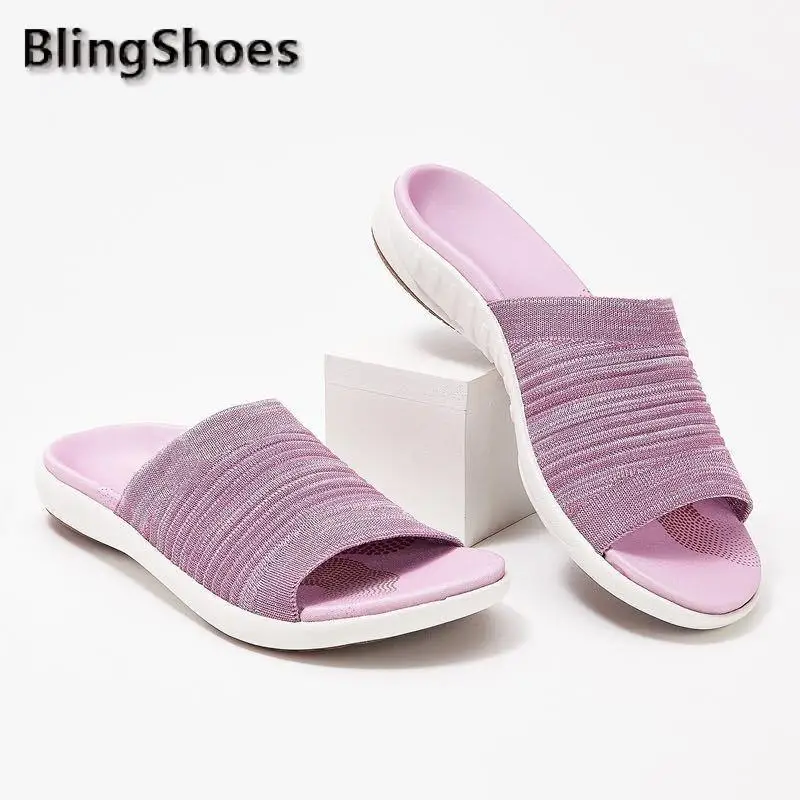 Женские шлепанцы на плоской подошве летние вязаные легкие пляжные сланцы