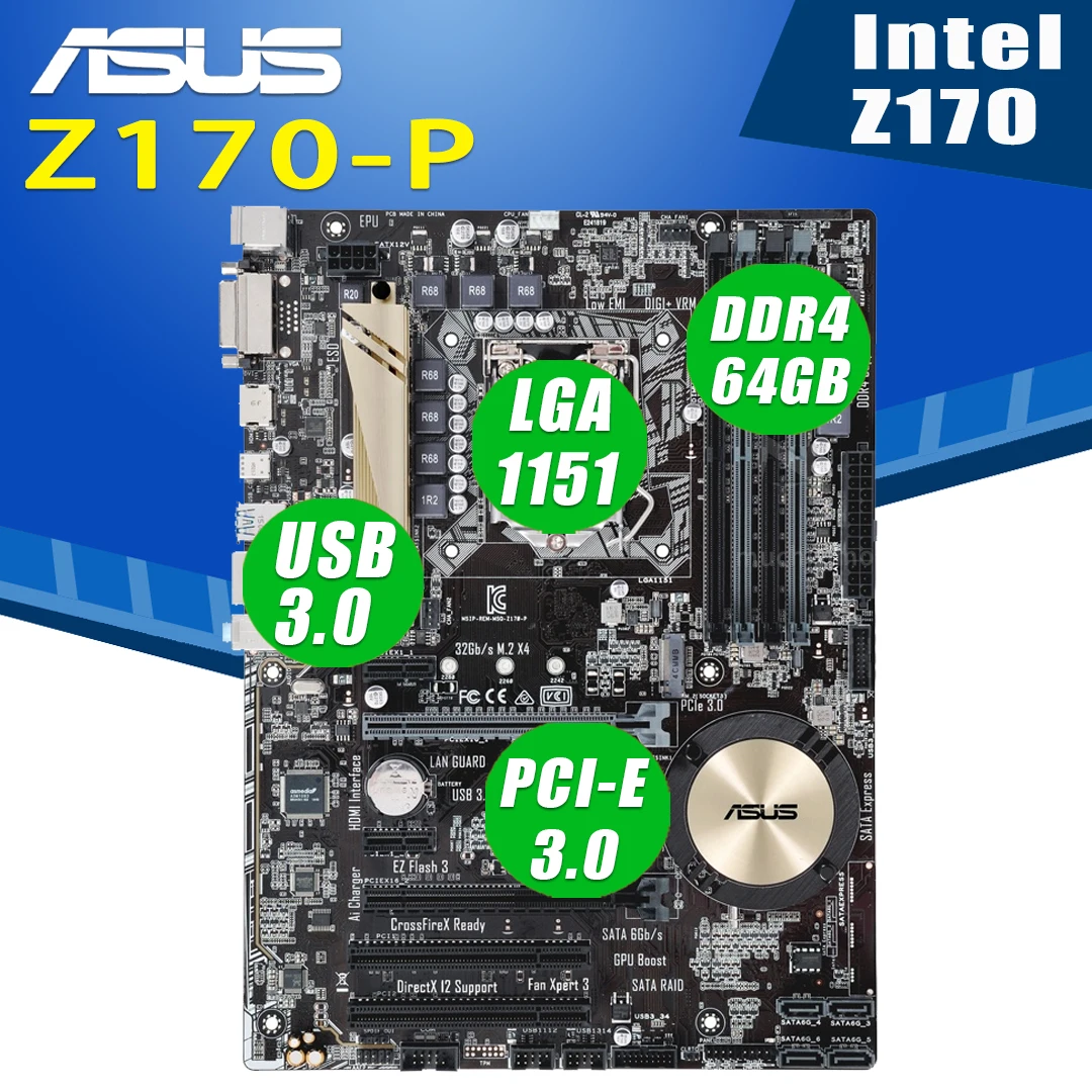 

Материнская плата Asus Z170-P LGA 1151, поддержка 6-го поколения Core i7/i5/i3 DDRR 64 Гб PCI-E 3,0 Мб. 2, настольный компьютер Intel Z170, материнская плата 1151 ATX