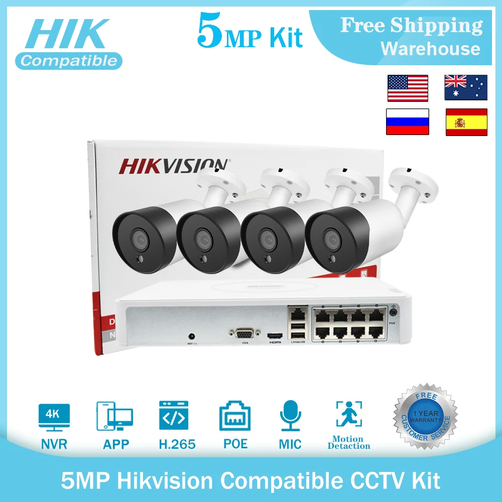 

Hikvision Compatible 4K CCTV System Kit 5MP IP Bullet Camera Built-in Mic IR 8MP Hikvision Original NVR DS-7108NI-Q1/8P 8CH POE
