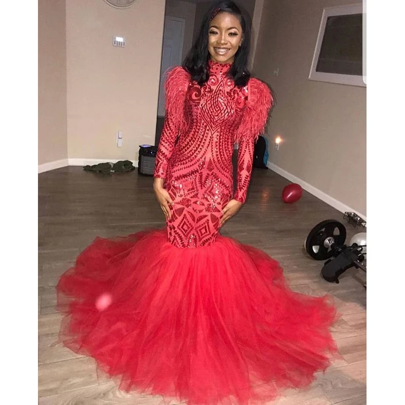 

Red Sequined Mermaid Prom Dresses New Long Sleeve Feather High Neck Tull Sweep Strain Formal Evening Gowns Party Dress