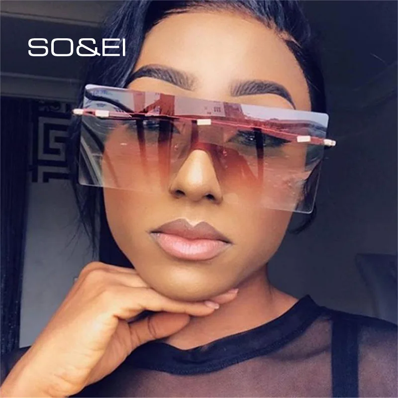 

SO&EI Vintage Oversized Rimless Square Sunglasses Women Luxury Brand Clear Ocean Lens Eyewear Oculos De Sol Feminino Big Shades