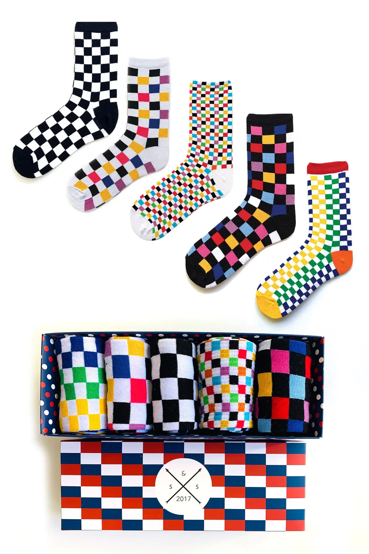 

Unisex Colorful 5 Pcs Checkered Pattern Colorful Socks Box