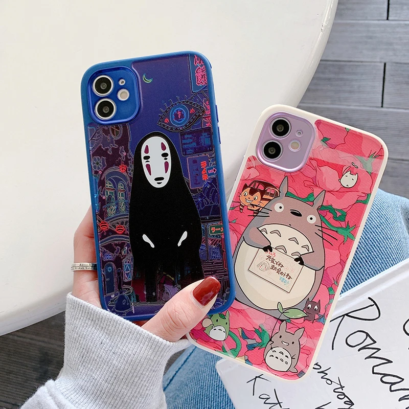 Cute Funny Spirited Away no face man Totoro soft phone case for iphone 14 13 7 8plus 11 Pro X XS XR MAX Metal lens protect cover