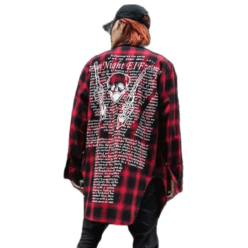 Мужская длинная рубашка в клетку винтажная стиле хип хоп панк корейский стиль