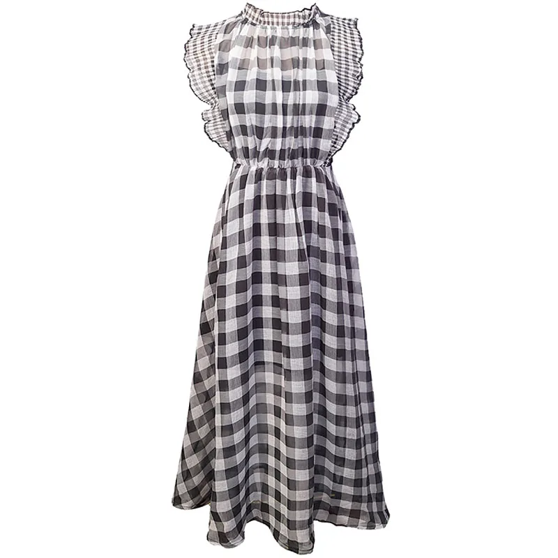 

Self Portrait High Quality New Women Black White Plaid Maxi Long Dress Summer Female Stand Collar Sleeveless Slim Dress Vestidos