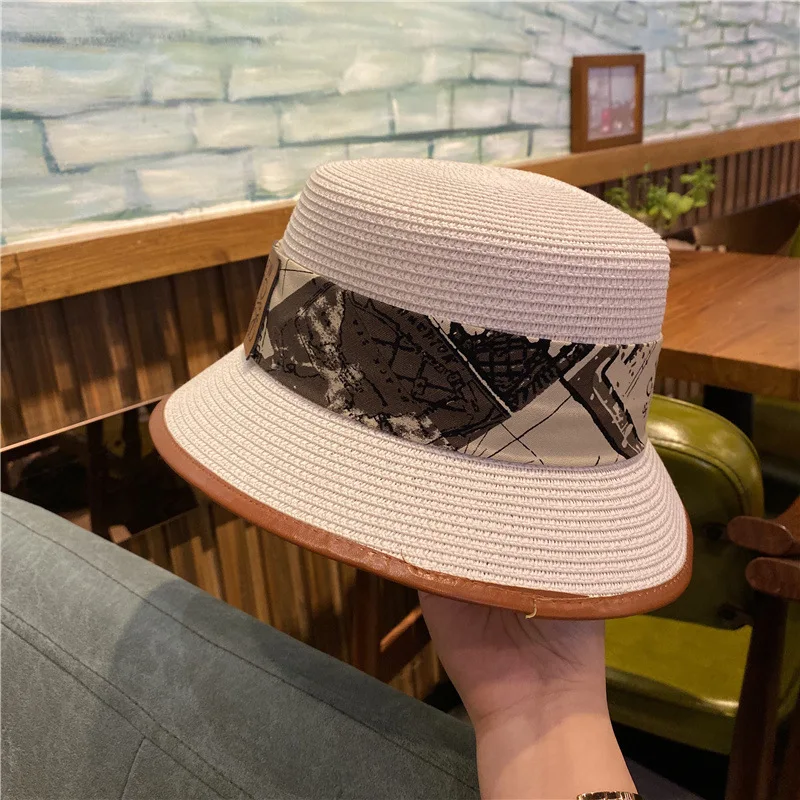 Sun Hats for Women Straw Ribbon Women Bucket Hat INS Summer Female Cap Visors Wide Brim Flat Top Beach Hat for Lady 2021 New