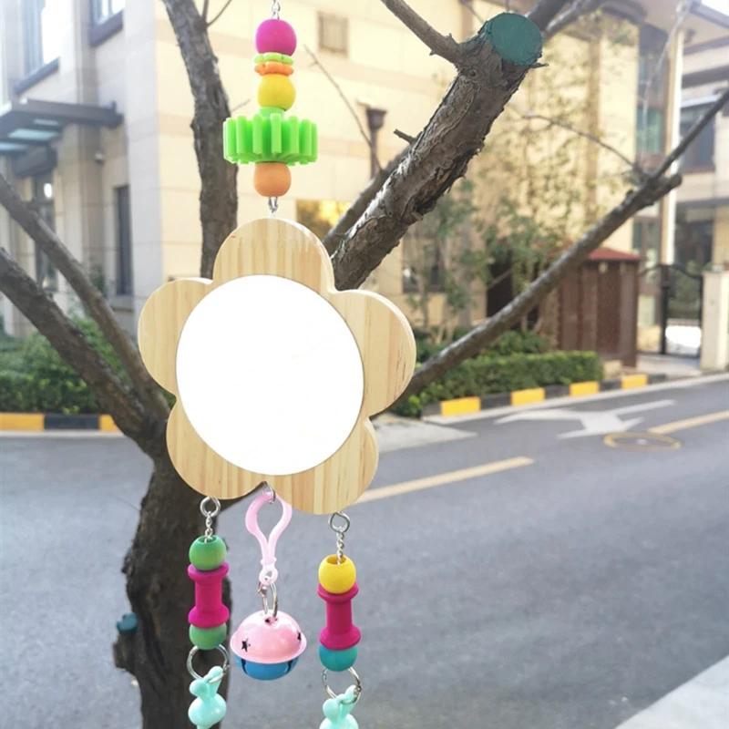 

Unbreakable Hanging Bird Mirror Chicken Toys with Bell Chicks Wooden Pecking Toy 95AA