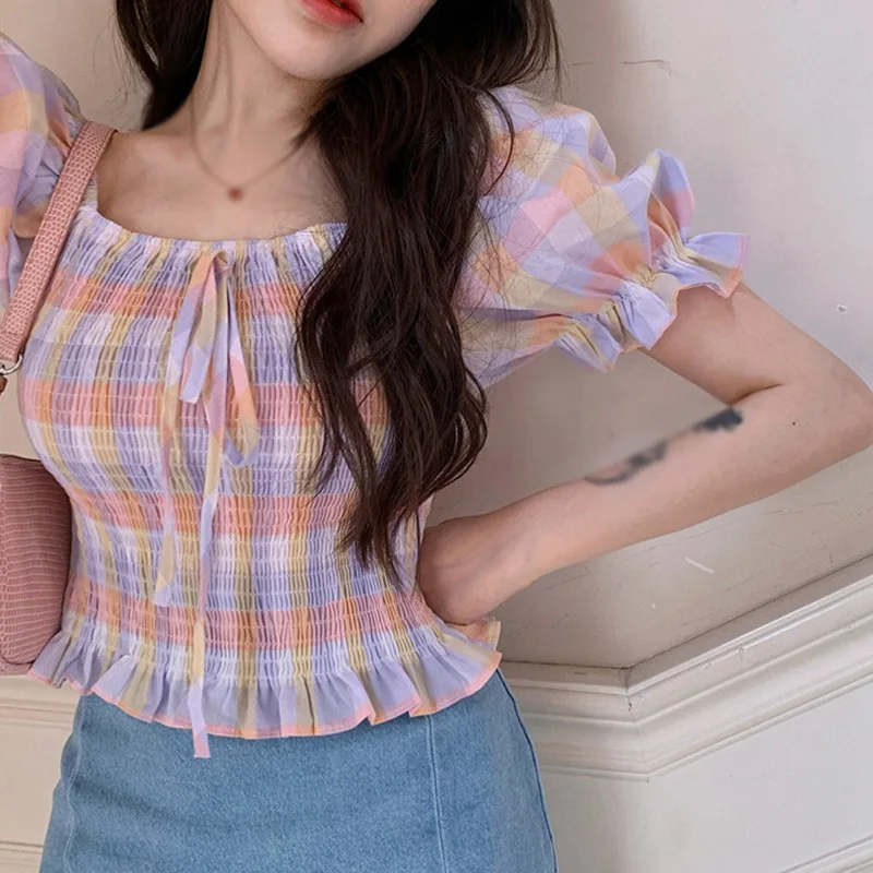 

Summer Smock Age-live Lattice Shirt Bubble Sleeve Female Waist Slim Short Sleeve Blouses New Female Korean Sweety Blouse