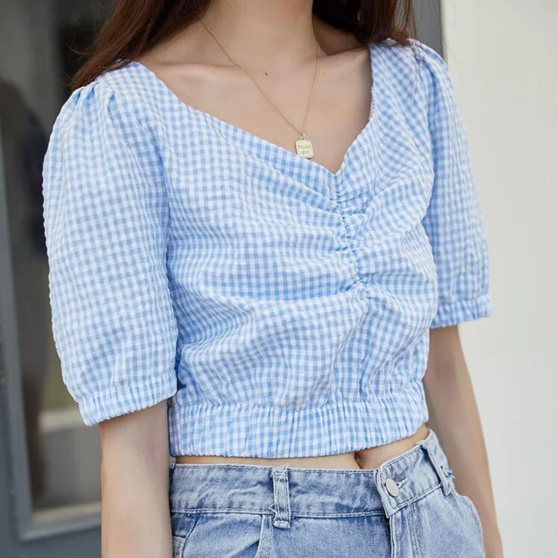 

Cotton Plaid Small Fresh Women Blouse Chic Casual Spring Puff Sleeve Tops Female Fashion Summer Short Top