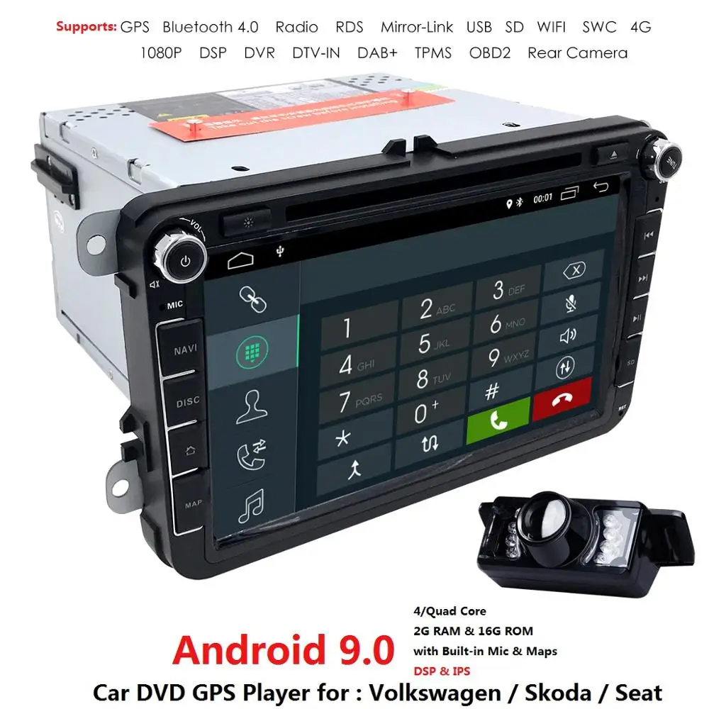 Android 9,0 HD1024* 600 DVD плеер радио для VW Polo Jetta Tiguan passat b6 cc fabia 4GWIFI gps Навигация головного устройства 2din 2 грамм