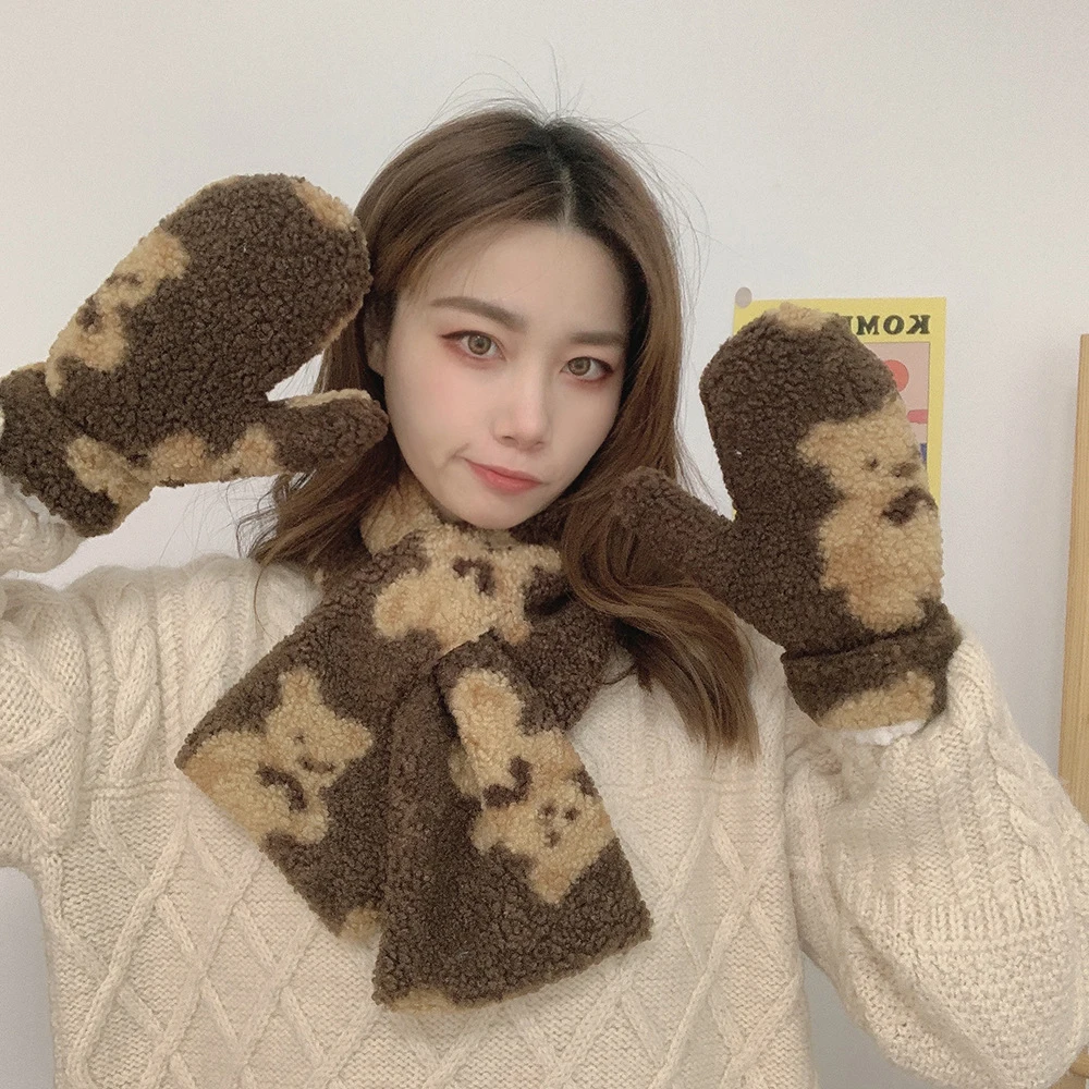 2021 новые женские осенне зимний теплый шарф с медведем кавайи печати утолщение