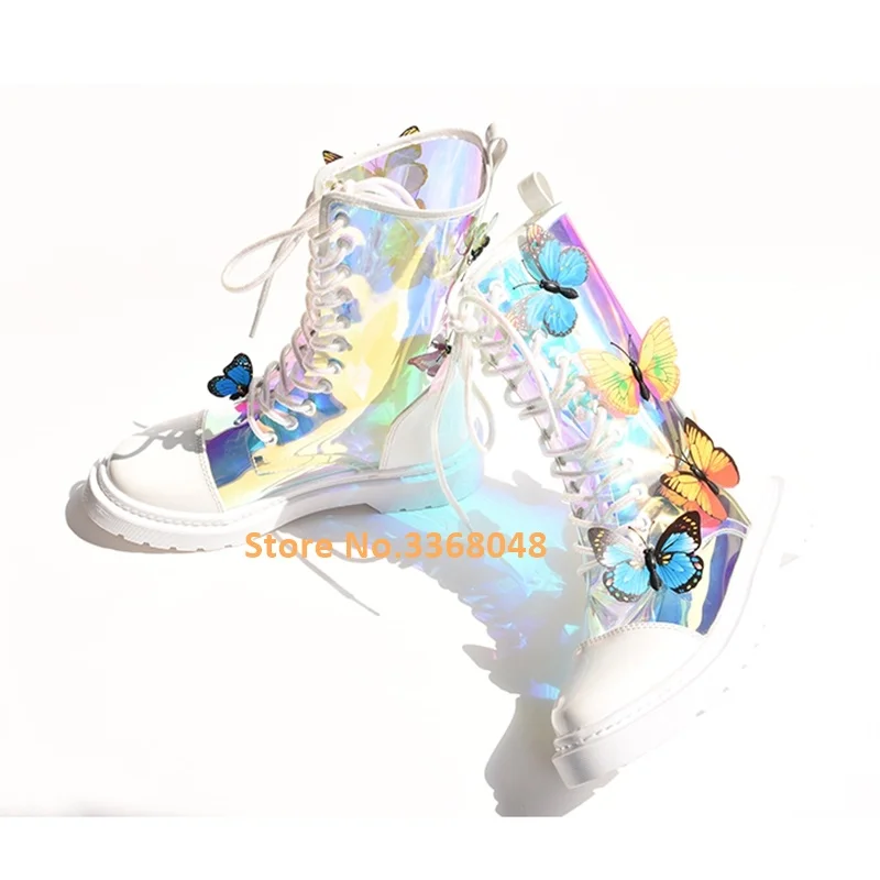 

Dazzling Color change PVC Lace Up Boots Low Heel Round Toe Runway Butterfly Decor Manufacturer Mid Calf Booties
