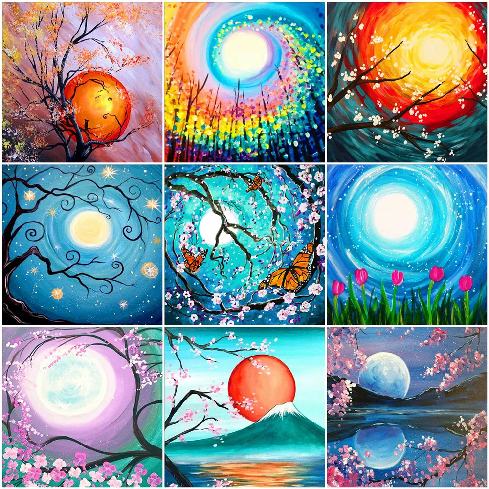 

HUACAN Full Square Diamond Painting Cross Stitch Moon Painting Rhinestone Landscape DIY Diamond Embroidery Tree Wall Art