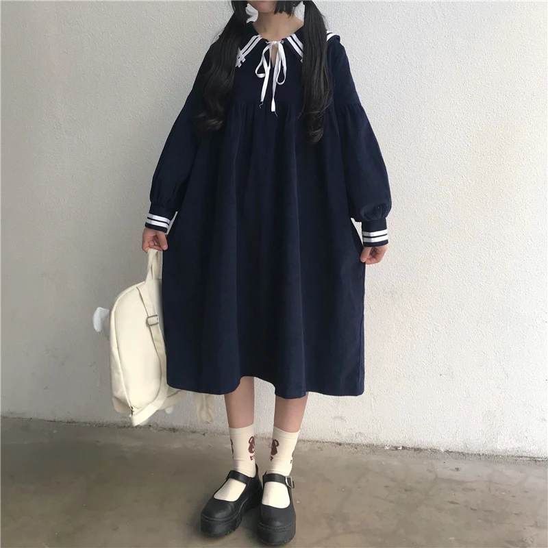

2020 Japan Style Lolita Women Dress Sweet Sailor Collar Kawaii Full Sleeve Vintage Casual Loose Student Cute Lace Up Bow Dress