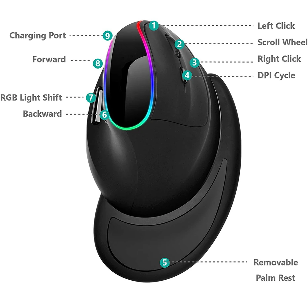 

2.4G RGB Ergonomic Accessories Fashion Home Office 4 Adjustable DPI Silent Small Rechargeable Vertical Wireless Mouse For Mac