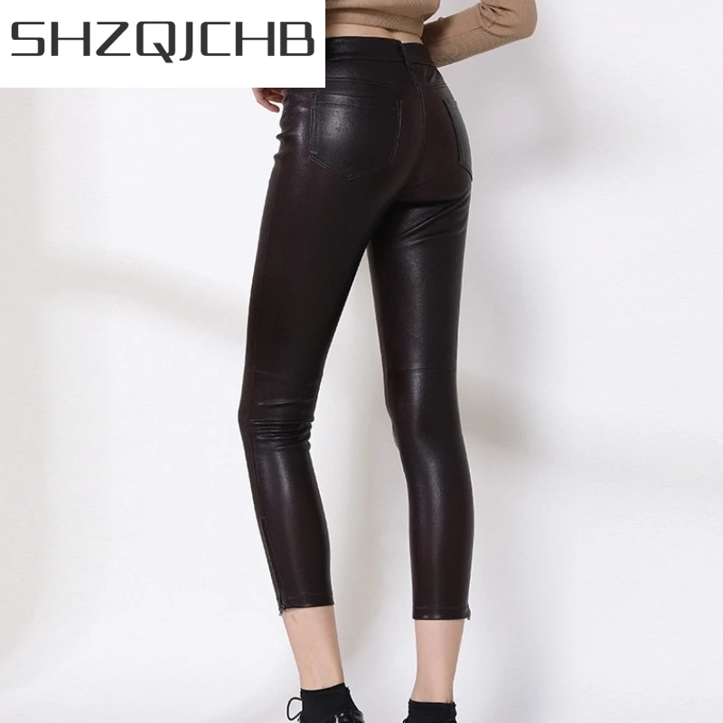 

JCHB 2021 Sexy Fashion Sheepskin Elastic Skinny Calf Length Trousers Women Genuine Leather Pants High Street Casual Pencil Pants