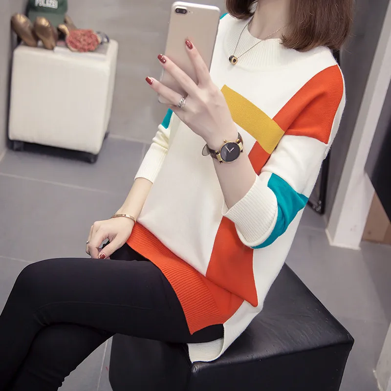 

Women knitting Sweater Pullover Splice Loose Tops 2020 Autumn Winter Korean fashion All-match Retro Long sleeve sweaters Female
