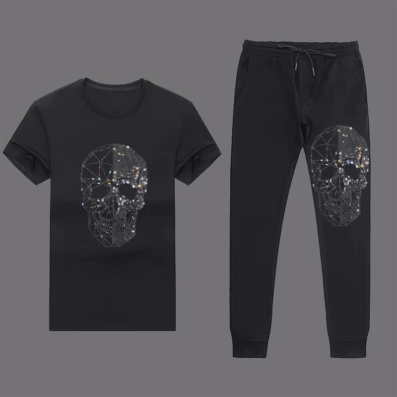 

Exclusive Men's Summer Spring New Hot Drilling Skull T-Shirt+Trousers 2-Piece Set Light Outdoor Leisure Design