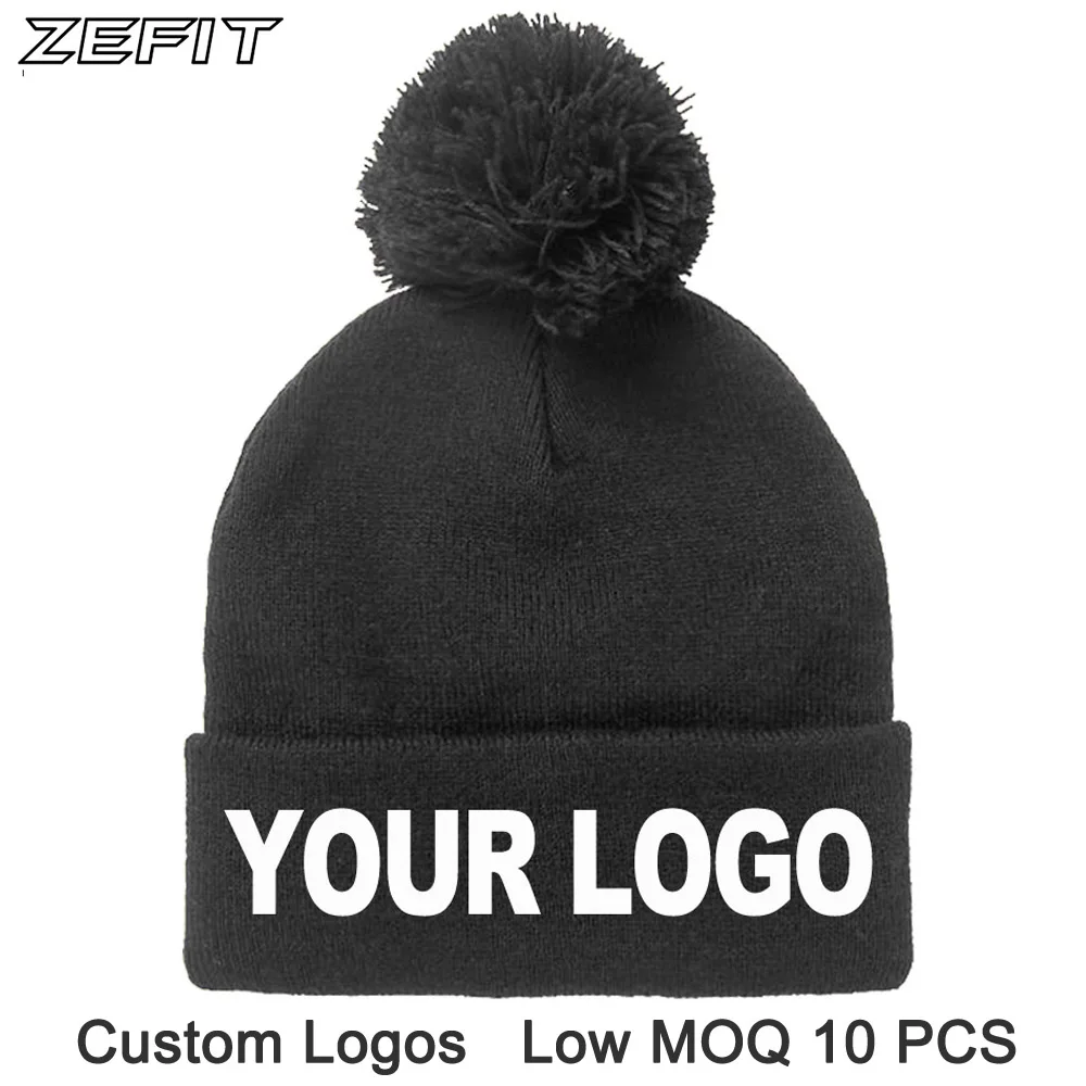 Customized Winter Hats with Pom Pom Ball Custom Cap Woven Label Hang Tag Sticker Logo Texts Male Ladies Team Knitted Beanies