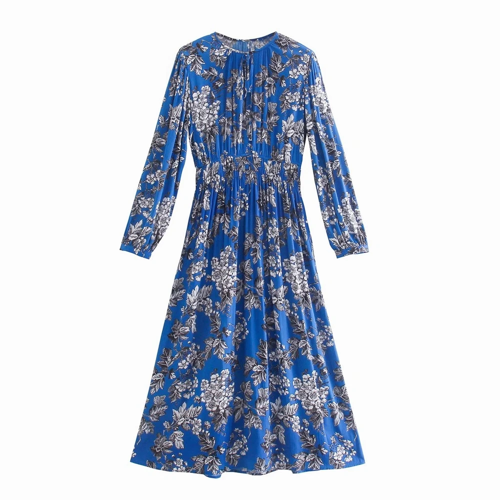

Women Midi Dress Summer 2021 New Fashion Vintage Floral Prints O-Neck Mid-Calf Elastic Waist Fit and Flare Female Vestidos