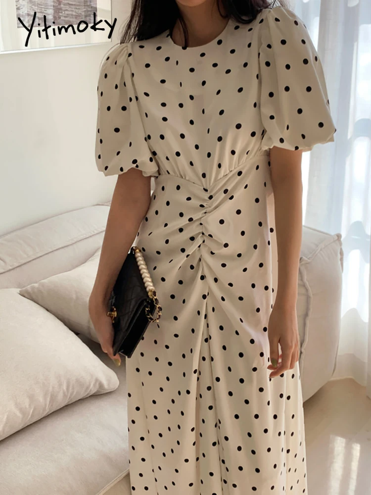 

Yitimoky Polka Dot High Waist Maxi Dress for Women 2021 Folds Puff Short Sleeve O-Neck Unicolor Summer Korean Clothes Fashion