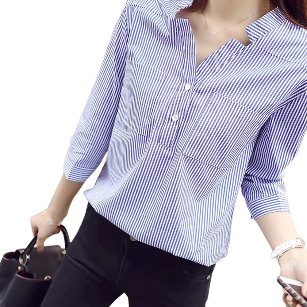 

Girls Holiday Simple Classic Spring Casual V Neck Long Sleeve Fashion Vertical Stripe Women Shirt