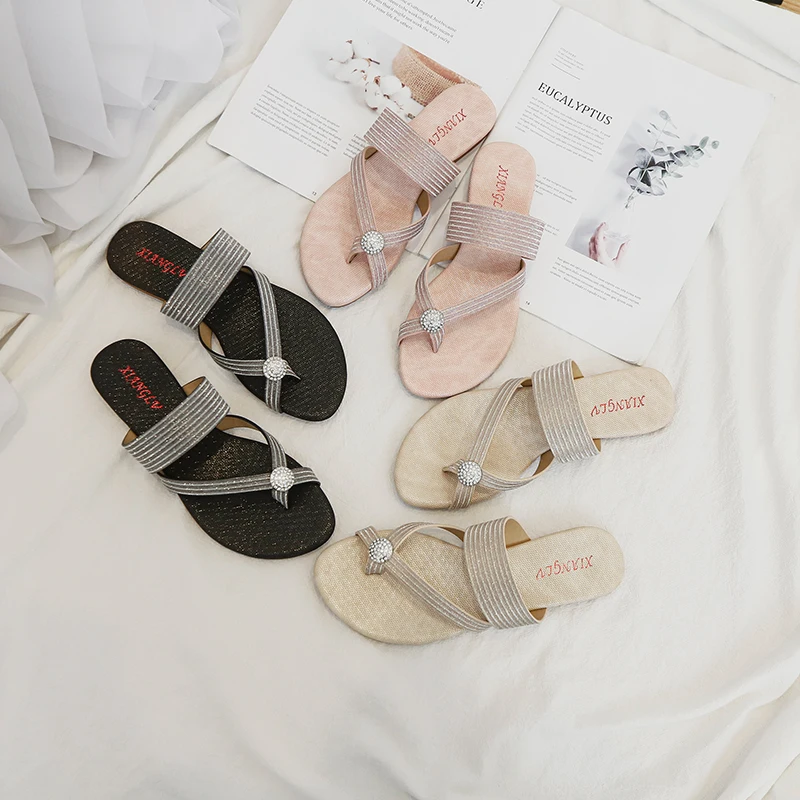 

Women's sandals women's flat-heeled shoes elegant summer 2021 fashion outdoor Crystal Flip-flops women's slippers beach shoes