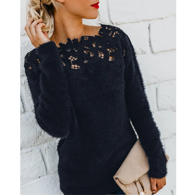 

European and American Women's Solid Color Stitching Lace Long-sleeved Sweater