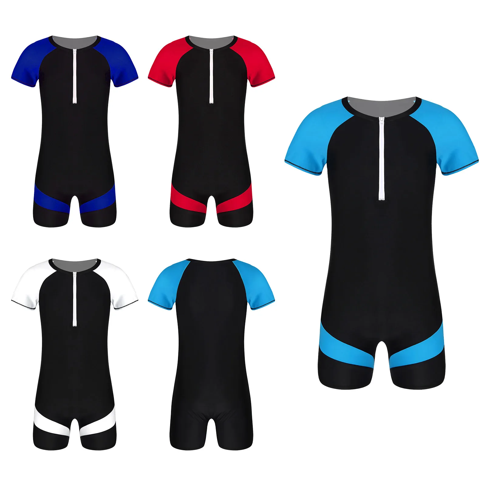 Мужской слитный купальный комбинезон с короткими рукавами и молнией спереди