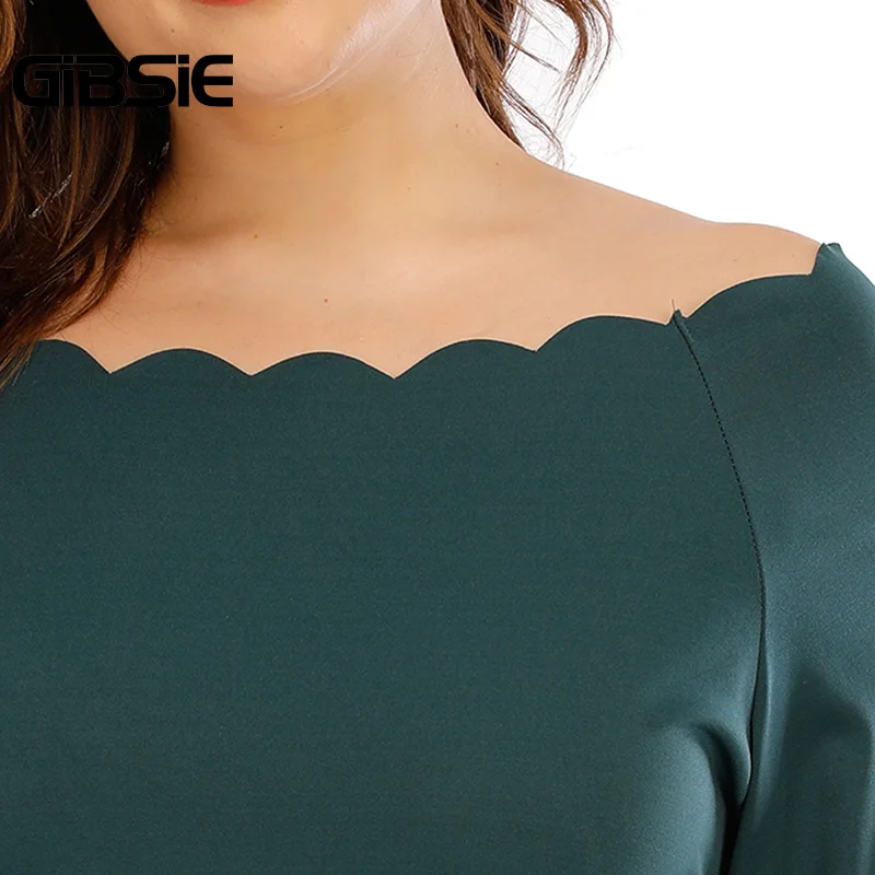 

GIBSIE Long Sleeve Off Shoulder A-Line Dress Scallop Trim Slash Neck Midi Dresses Spring Women Plus Size Solid Elegant Dress