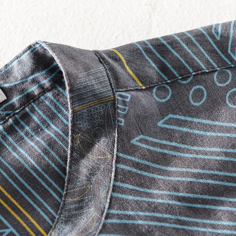 

2020 Men's casual printed linen long-sleeved shirt loose trendy shirts for men retro stand collar shirt mens comfortable chemise
