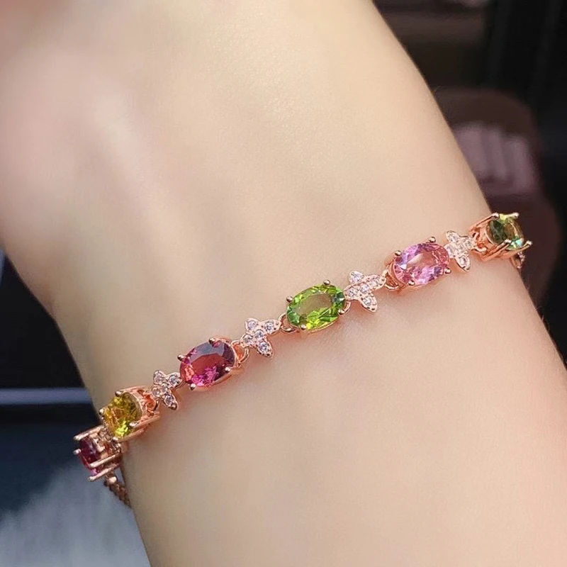 

MeiBaPJ 925 Sterling Silver Natural Tourmaline Gemstone Bracelet for Women Fine Colorful Bangle Wedding Jewelry