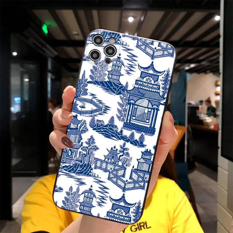 

For iPhone Blue Willow Ancient Ming Blue White Chinoiserie Print Soft Matt Apple Case 6 7 8 11 12 Plus Pro X XR MAX 2021 Cover