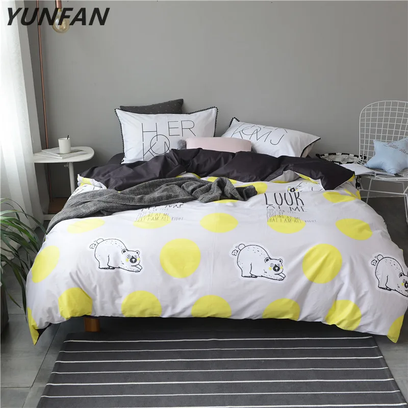 

White Bear Gray Printed Bedding Set Kids Bedspread queen king size Duvet Cover Cute 100% Cotton Bed Set With Flat Sheet 4Pcs set