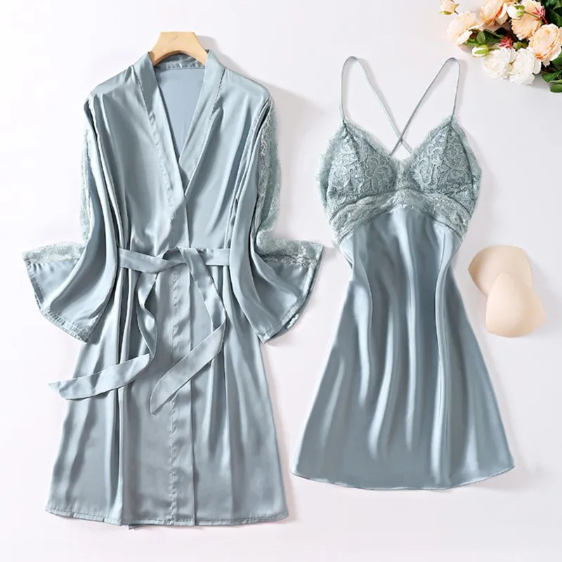 

Bride 2pcs Robe Gown Sets Womens Lace Satin Nighty Bathrobe Sleep Suit Kimono Sleepwear Sexy Summer Nightgown Lounge Nightwear
