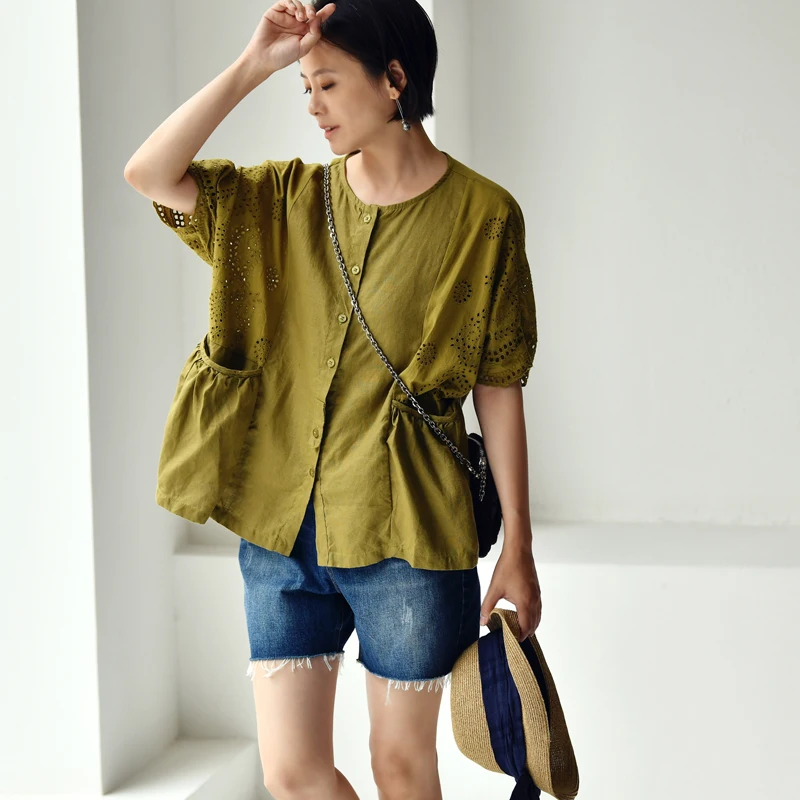 Художественный Свободный кардиган с круглым вырезом MICOCO C9131 короткими рукавами