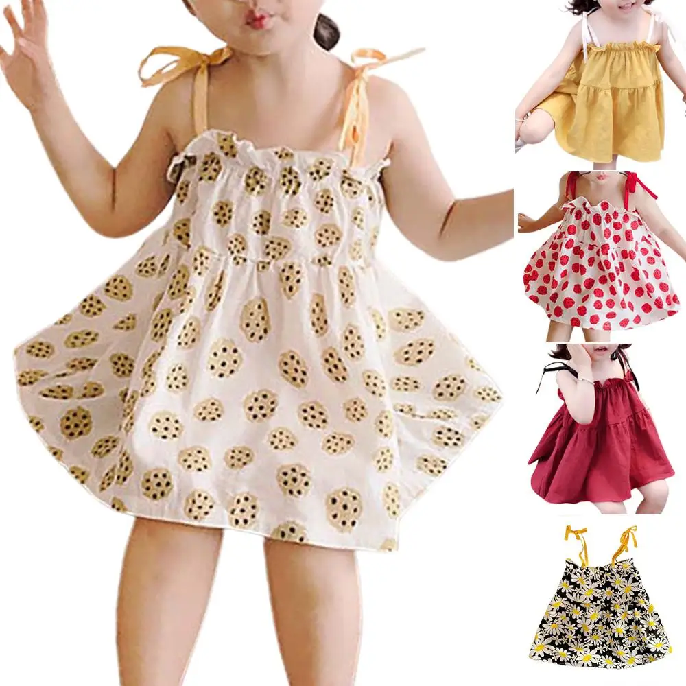

Girls Summer Cute Bowknot Bandage Vest Princess Dress Plain Fruit Print A-Line Sling Dresses