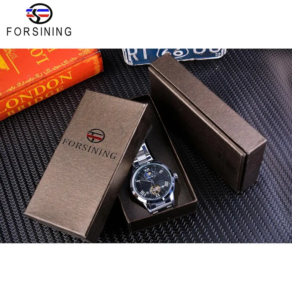 Forsining классические мужские Tourbillon механические часы модный бренд черный Moonphase бизнес стальной ремешок автоматические часы Reloj Hombre