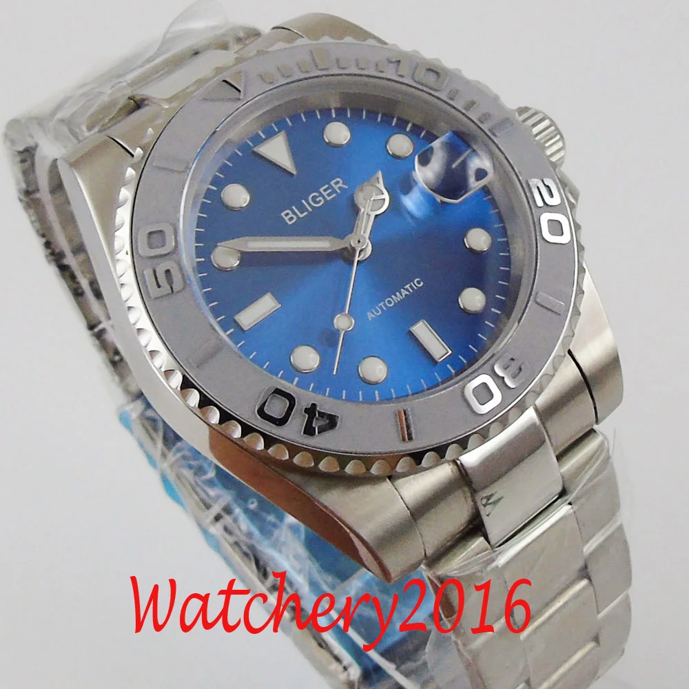

BLIGER 40mm blue dial luminous hands Sapphire Glass Date stainless steel NH35 Miyota PT5000 automatic movement Men's Watch