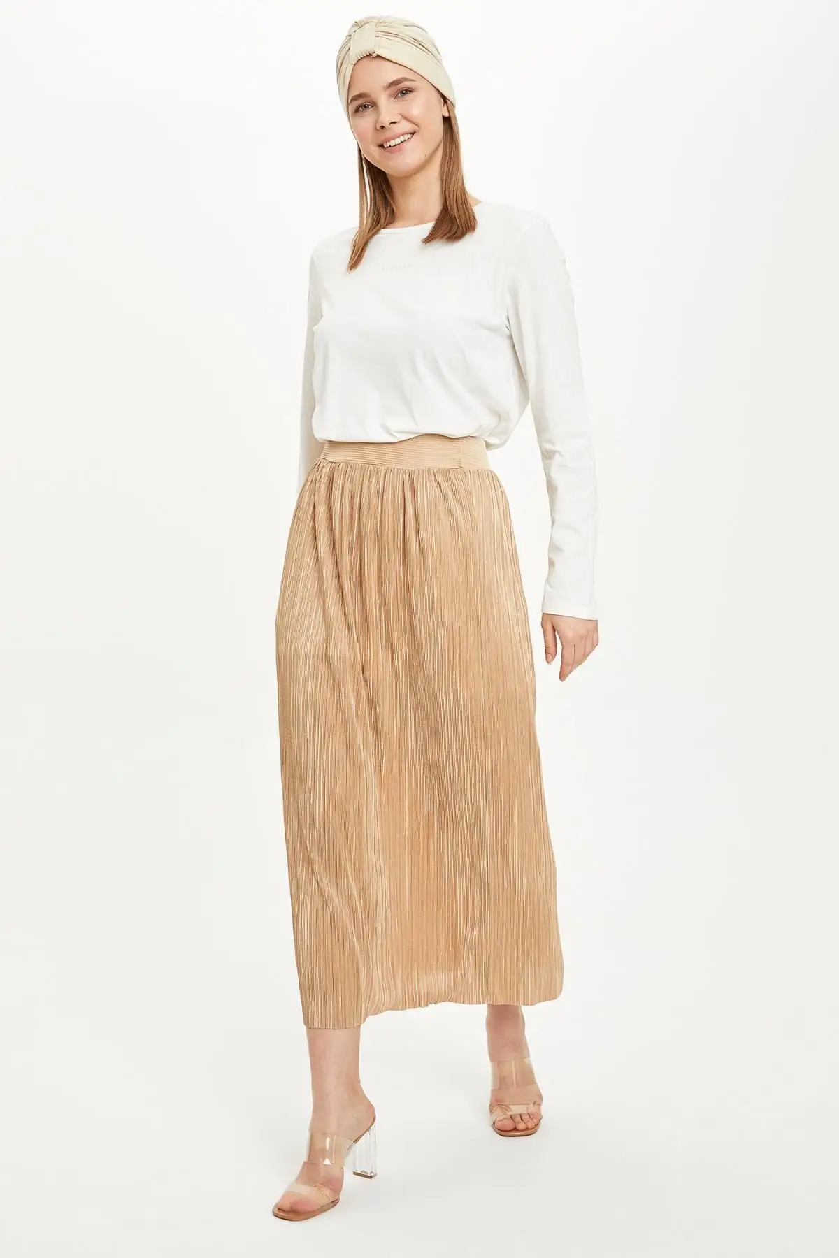 

Modest Pleated Midi Waist elastic Women Muslim Clothing Skirt