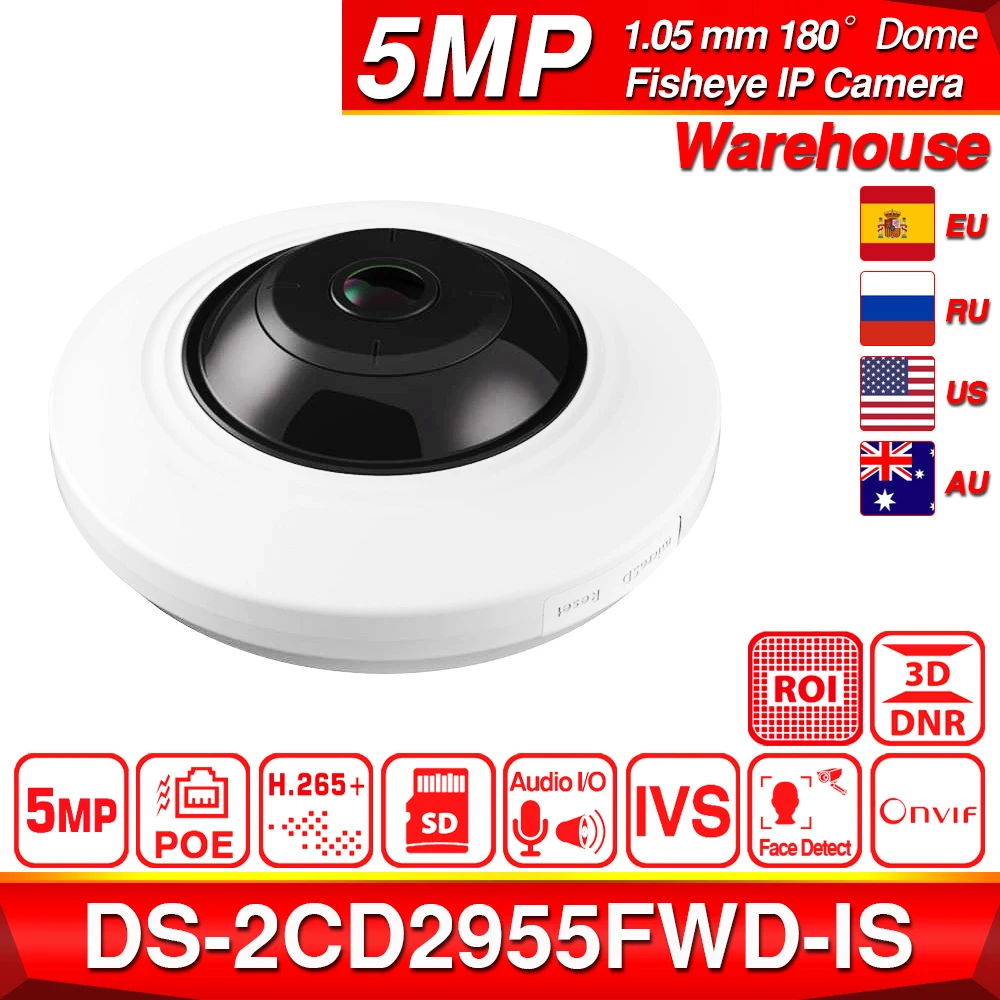 

Hikvision IP Camera Panoramic DS-2CD2955FWD-IS 5MP H.265+ Fisheye Fixed Dome Network Camera POE SD Card Slot 8m IR IVS ROI IPC