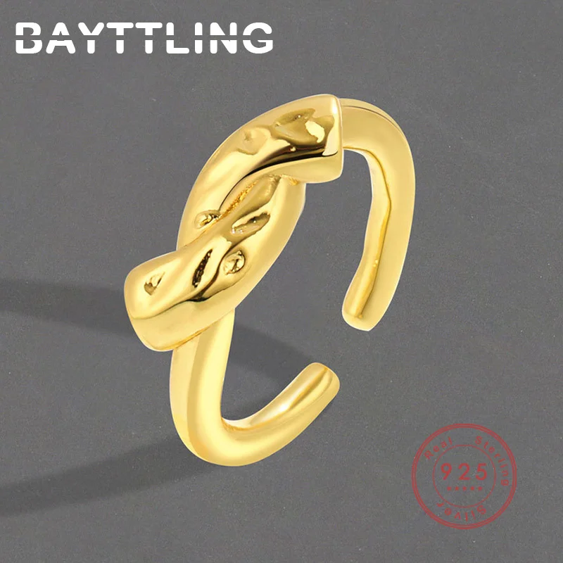 

BAYTTLING 925 Sterling Silver New Golden Glossy Braided Open Ring Fashion Woman Charm Jewelry Girl Birthday Gift