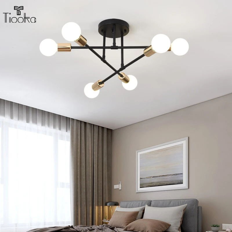 Tiooka Metal Triangle Ceiling Chandelier 6 Head Ceiling Lamp Black White Golden for Bedroom Living room Study Bulb not Included