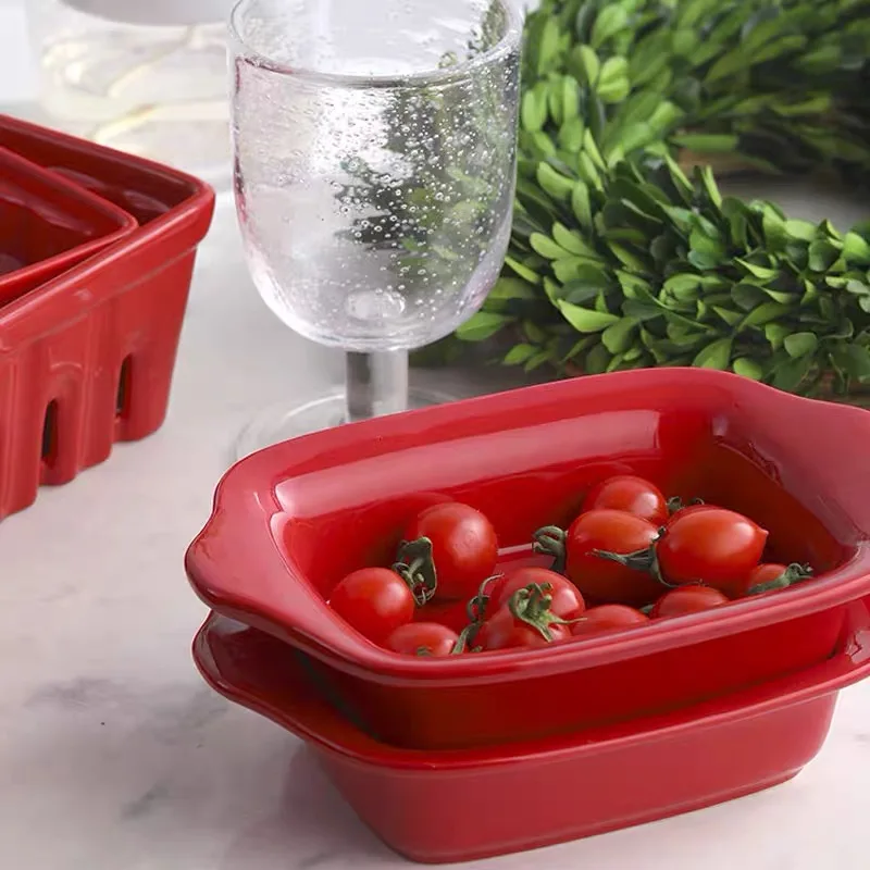 Красная керамическая Comal чаша для выпечки с крышкой двойной ушной тушью горшок